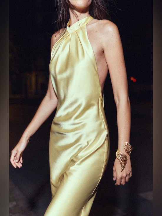 Zara butter Yellow Backless Halter maxi Dress holiday evening wedding - Picture 13 of 16